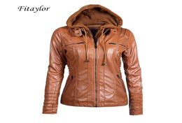 Fitaylor Nouvelles femmes automne à capuche hivernale veste de moto mince de moto détachable plus taille 5xl puat en cuir y2010126334365
