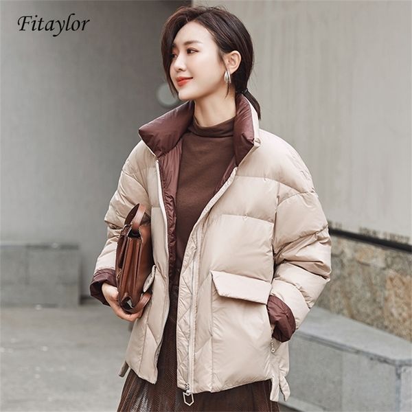 Fitaylor New Women White Duck Down Jacket Winter Stand Collar Loose Down Coat Donna Warm Short Snow Outwear 200923