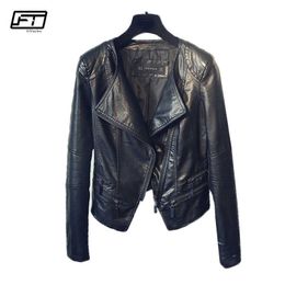 Fitaylor, primavera otoño, chaquetas de cuero para motocicleta para mujer, chaqueta de motociclista negra ajustada con cremallera y cuello vuelto para mujer 210909