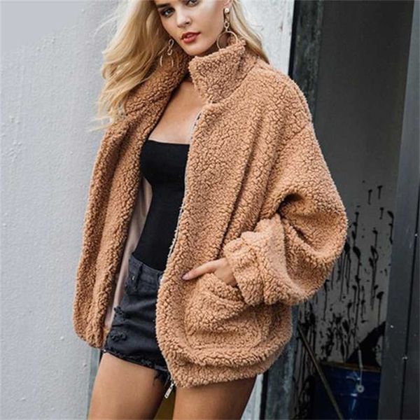 Fitaylor printemps femmes ours en peluche manteau col montant lâche en peluche veste fermeture éclair solide vêtements d'extérieur chauds Faux agneau manteaux 211122