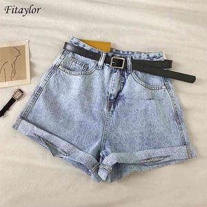 Fitaylor zomer vrouwen vintage brede been gat denim shorts met riem casual vrouwelijke losse effen kleur blauwe jeans 210719