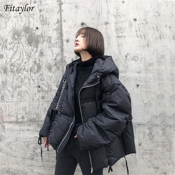 Fitaylor Ultra Léger À Capuche Hiver Doudoune Femmes Blanc Duvet De Canard Manteau Chaud Neige Court Parka Lâche Cordon Pain Outerwea 201126