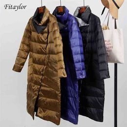 Fitaylor, chaqueta ultraligera de plumón de pato blanco para mujer, abrigo ajustado de invierno de doble cara, Parkas de un solo pecho 210923