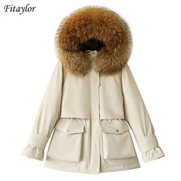 Fitaylor invierno grande piel natural con capucha chaqueta con capucha mujeres gruesa nieve cálida beige ropa exterior pato blanco abajo abrigo cintura ajustable 201128