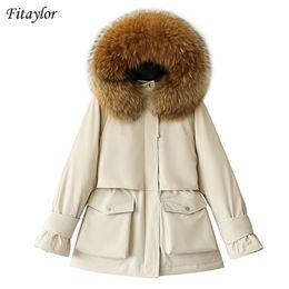 Fitaylor invierno grande piel natural con capucha chaqueta con capucha mujeres gruesa nieve cálida beige ropa exterior pato blanco abajo abrigo cintura ajustable 201208