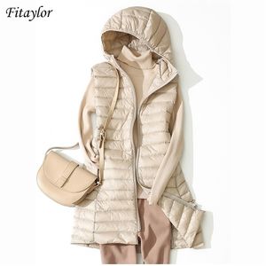 Fitaylor Hiver Ultra Léger Blanc Duvet De Canard Manteau Femmes 4XL Plus La Taille Vers Le Bas Veste Moyen Long Gilet Femme Casual Zipper Survêtement 201102