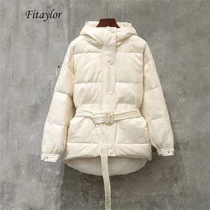 Fitaylor hiver ultra léger femmes doudoune chaud blanc canard vers le bas à capuche Parkas femme simple boutonnage neige vêtements d'extérieur avec ceinture 200923