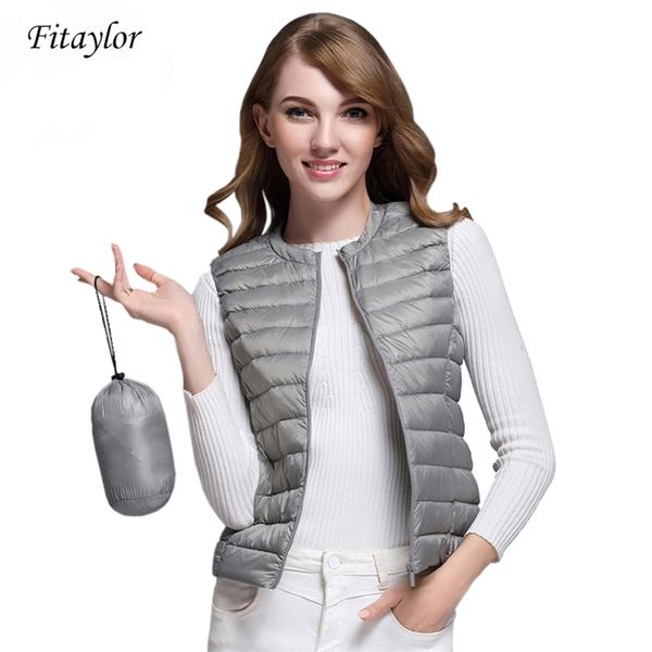 Fitaylor femmes 90% blanc duvet de canard gilet Ultra léger veste automne hiver col rond sans manches manteau 210923