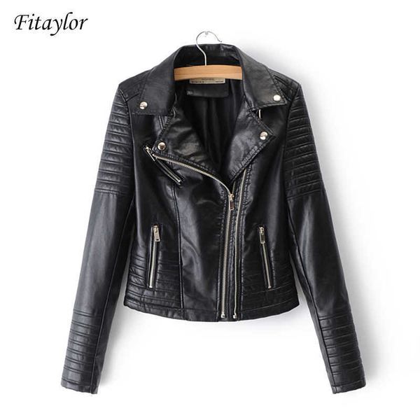 Fitaylor Mujeres Motocicleta Chaquetas de cuero de imitación Señoras Streetwear Abrigo negro Manga larga Otoño Biker Cremalleras Outwear 210927