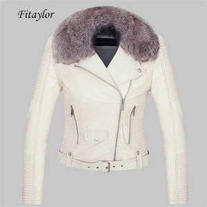 Fitaylor vrouwen winter warme faux lederen jas jas met bont kraag vrouwelijk roze pu motorjack fietser punk zwart bovenkleding 210908