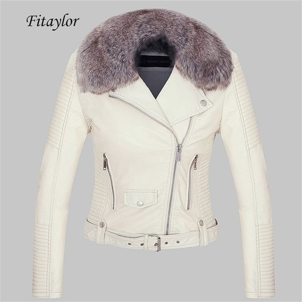 Fitaylor Femmes Hiver Chaud Faux Veste En Cuir Manteau Avec Col De Fourrure Femelle Rose Pu Veste De Moto Biker Punk Noir Vêtements D'extérieur 210908