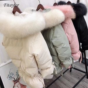 Fitaylor Femmes Hiver Blanc Duvet de Canard Parkas Moyen Long Slim Vestes Grand Naturel Fourrure De Raton Laveur À Capuche Manteau Chaud Rose Outwear T200102