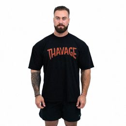 Fitn Thavage Shirt Hommes Courir Sports Lâche T-shirt surdimensionné à manches courtes Cott Summer Bodybuilding Entraînement Top Hommes O8e7 #