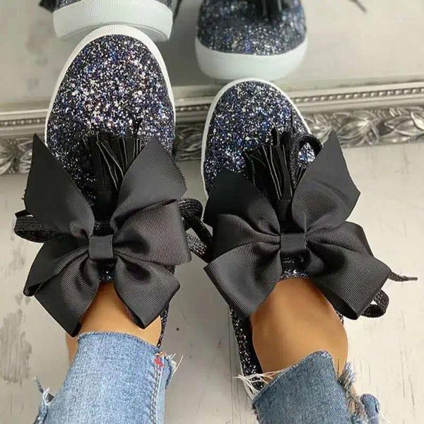 Fitness Shoes 2024 Mujeres Vulcanizan zapatillas Bowknot Bling Girl Flat Glitter Femenino casual de encaje transpirable Sport