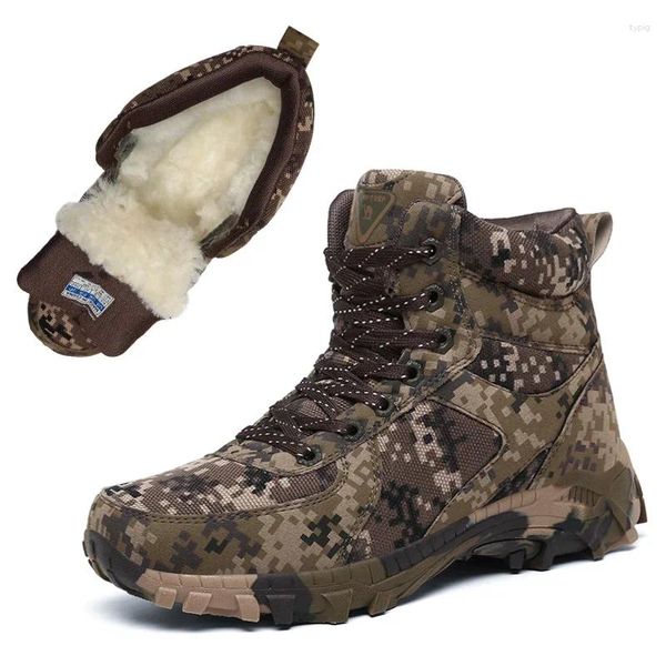 Zapatos de fitness Camuflaje Hombres al aire libre Invierno Lana Zapatillas tácticas Zapatillas cortas de felpa Piel alta Cálido Trekking Senderismo Plataforma Botas de nieve