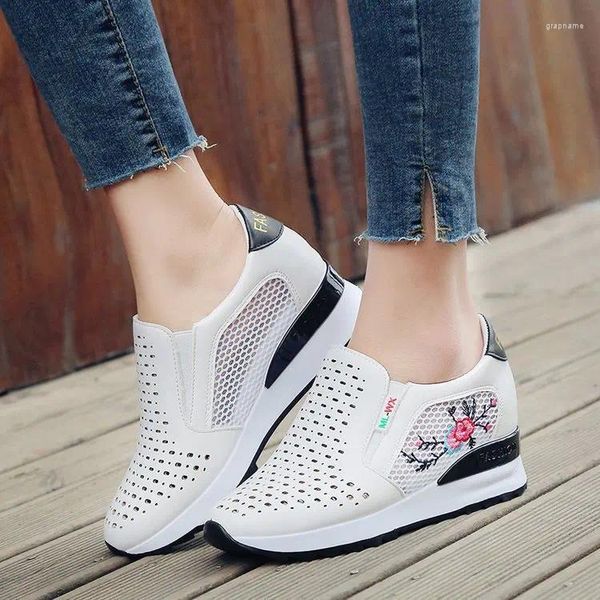 Zapatos deportivos informales de tacón alto, mocasines transpirables vulcanizados para mujer, zapatillas de deporte de PU con punta redonda bordada, plataforma, Tenis femeninos