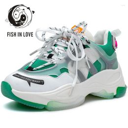 Chaussures de fitness Fish in Love en cuir authentique en cuir en cuir en cuir des femmes Sneakers de plate-forme respirante 2024 Foes-traits de dames Chunky Footwear Gy81