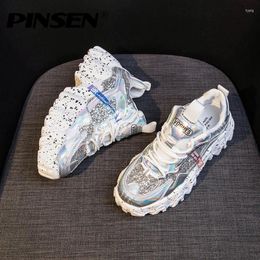 Chaussures de fitness Pinsen baskets chunky mode 2024 bling blanc plate-forme femme de haute qualité zapatillas mujer dames décontractée