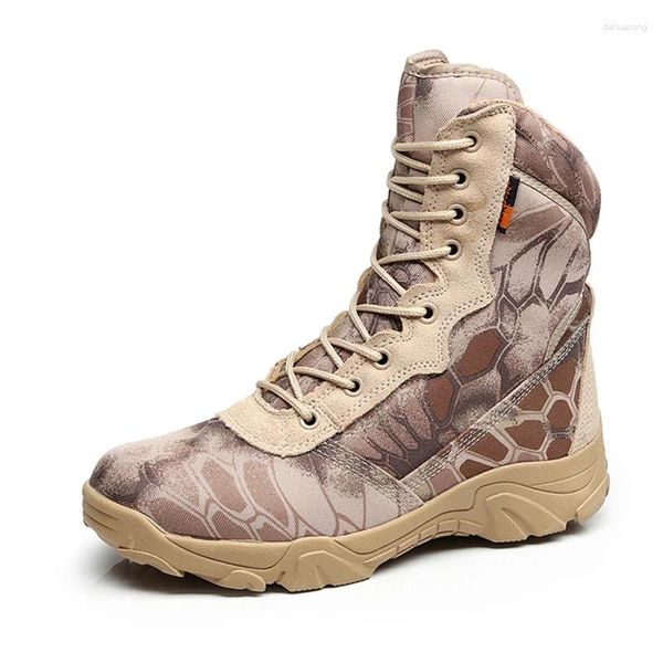 Chaussures de fitness Python Camouflage High Tube Cuir Bottines imperméables Hommes Camping en plein air Escalade Chasse Respirant Tactique Combat