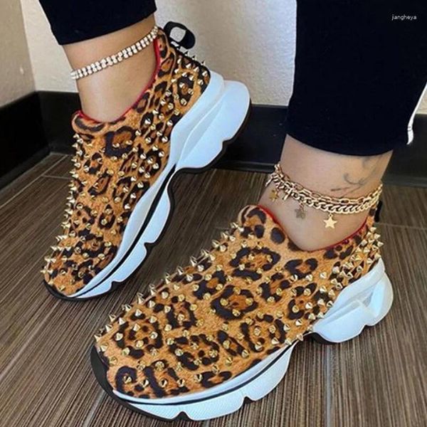 Fitness Shoes Rimocy 2024 Vintage Rivet Leopard Sneakers Mujeres Slip On Casual Flat Woman Stretch Running Platform Ladies 35-43