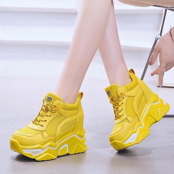 Chaussures de fitness rimocy talons cachés calices plate-forme de coin femmes de la lacet décontractée vers le bas de la femme de marche épaisse femme non glissement jaune mujer