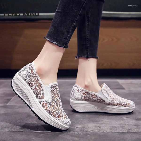 Chaussures de Fitness Style respirant à semelles épaisses en dentelle à bascule paillettes ajourées pour femmes simples à enfiler décontractées