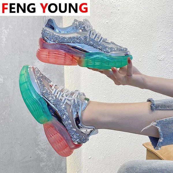 Chaussures de fitness Femmes Chunky Casual Old Dad Sports Femme Running Lace Up Vulcanie Sneakers Platforms Ins Fashion Silve Rshoes femme