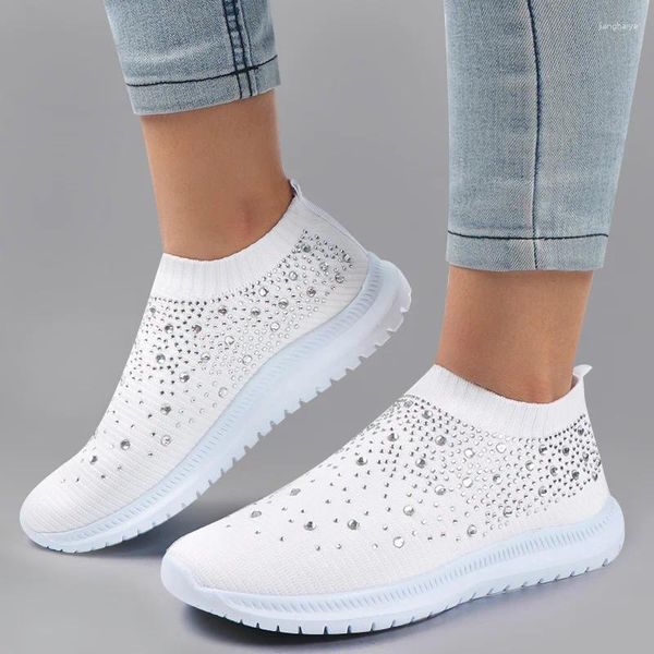 Chaussures de fitness Femmes Flats Sneakers Crystal Fashion Bling Casual Slip on Sock Trainers Summer Vulcanize Shoe Zapatillas Mujer