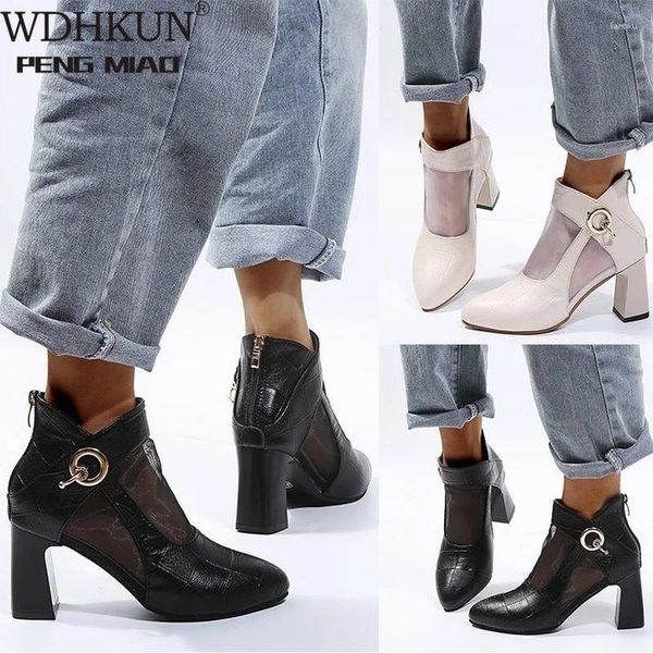 Zapatos De Fitness para Mujer, botas De red con punta cuadrada y tacón alto con cremallera, botines cortos sexys con cordones negros, Zapatos De Mujer