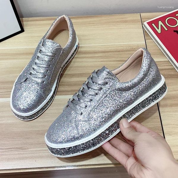 Zapatos de fitness para mujeres zapatillas de deporte brillo mortera plana bling vulcanizado malla de malla plataforma