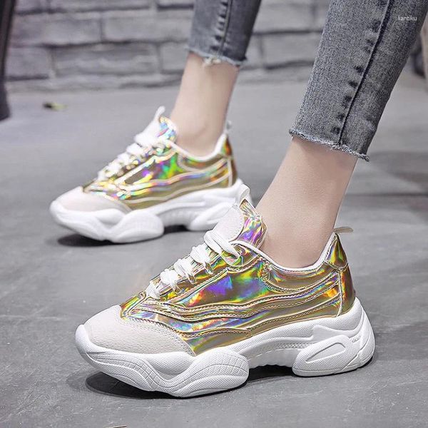 Chaussures de fitness Femmes Femmes épaisses Plate-forme de plate-forme Sequin Hip Hop Dance Sneakers pour étudiant Vulcanize Gold Silver Casual