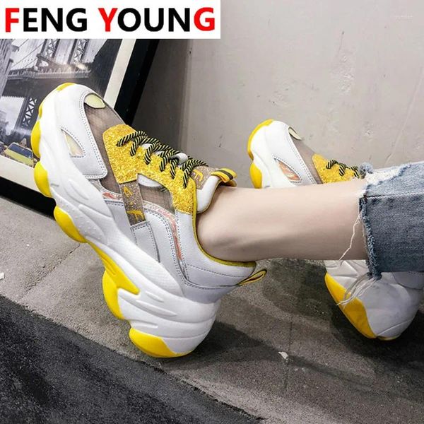 Zapatos de fitness mujer mujer amarillo casual vieja plataforma diseñadores de malla malla gruesa zapatillas ulzzang moda vulcanizada 6 cm