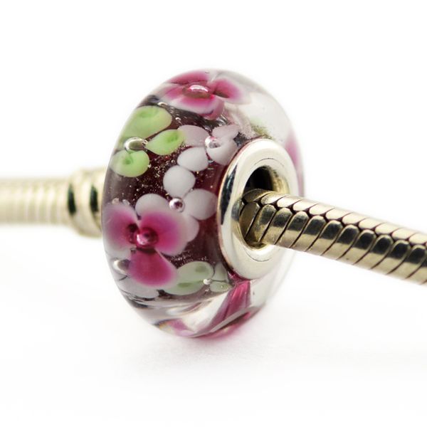 Se adapta a pandora Cadena de serpiente pulseras collar Murano Glass Beads Flower Garden Auténtico 925 cuentas de plata esterlina cuentas sueltas verano