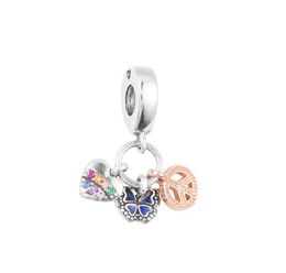 Se adapta a Pandora Bracelet 925 Sterling Silver Two-Tone Rainbow Heart, Butterfly Peace Triple Dangle Charm Beads para joyería de mujer