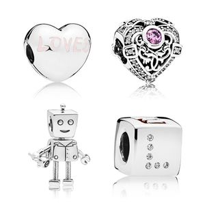 Se adapta a pulseras Pandora 20 piezas Square Love Robot Crystal Heart Colgante Charms Beads Silver Charms Bead para mujeres Diy Collar europeo Joyería