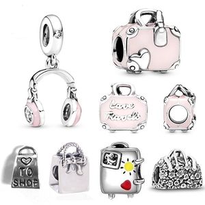 Convient Pandora Bracelet En Argent Sterling 20 pcs Lady Sac À Main Émail Perles Écouteurs Rose Voyage Sac Charmes Pour Européen Serpent Charme Chaîne De Mode DIY Bijoux En Gros