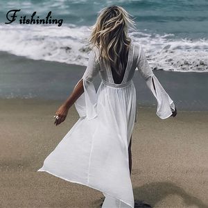 Fitshinling Backless V-hals Beach Cover Up Badmode Kant Splice Split Flare Sleeve White Long Cardigan Summer Bikini Bovenkleding