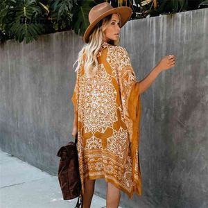 Fitshinling Ethnic Vintage Beach Kimono Fleur Jaune Oversize Bikini Cover Up Maillots De Bain Été Bohème Irrégulier Cardigan 210722