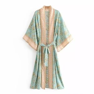 Fitshinling Print Floral Beach Kimono Badmode met sjerps Katoen Slanke Bohemian Holiday Long Cardigan Sexy Green Cover-Up Sale 210722