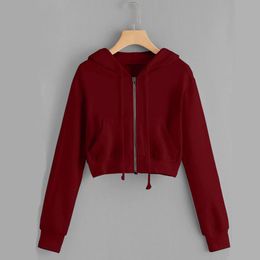 Fitshinling zip-up herfst winter vrouwen hoodies zakken slanke gewas jas vrouwelijke kleding trekkoord witte sexy hoody katoenen jassen