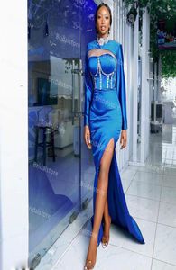 Robes de bal de filles aux filles noires bleues équipées avec manche haute à manches longues à manches longues satin robe de soirée plus taille de taille spéciale d6621617