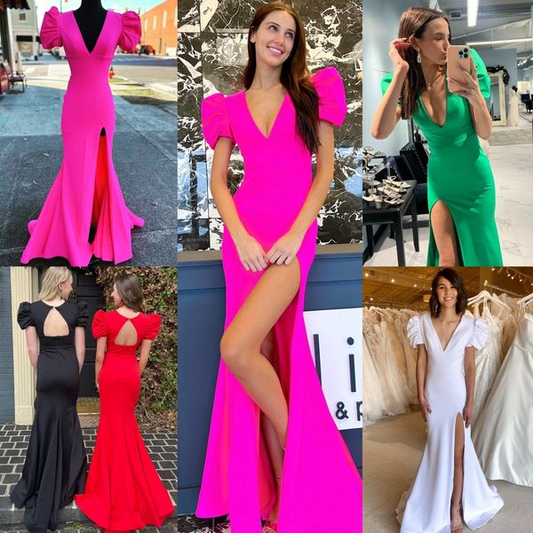 Vestido de fiesta ajustado 2k23 Mangas cortas abullonadas Hendidura Fucsia Crepe Escote en V Vestido de desfile de dama Fiesta de noche formal de invierno Invitado de boda Capa roja Pasarela Madre de la novia