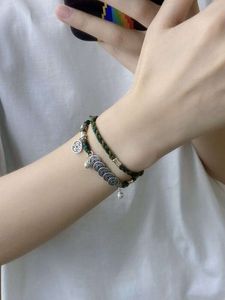 Cinq empereurs argent argent polyvalent vert tissé à la main Double boucle verre Couple nouveau chinois personnalisé cloche Bracelet