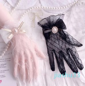 Gants à cinq doigts en dentelle pour femmes, poignet blanc, grand ruban, gants de mariage, accessoires de jeu de rôle de fête, gaze courte