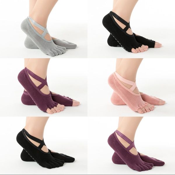 Cinq doigts chaussettes silicone couleur unie fleur dames massage des pieds ceinture croisée antidérapante chaussettes femme sans doigts yoga mouvement 5 8yh K2