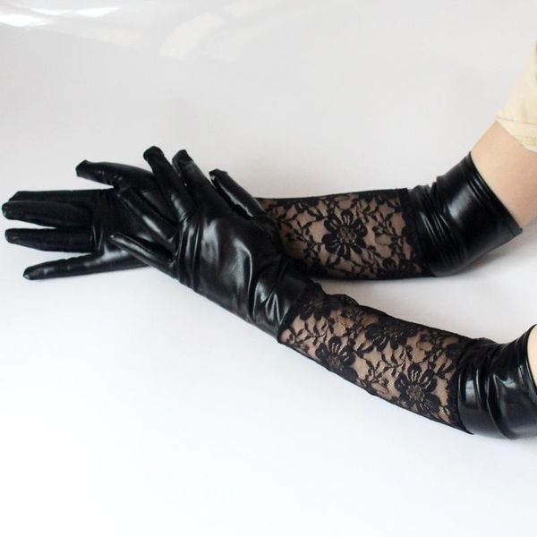 Cinco dedos Guantes 1 par 11 cm Encaje Faux Cuero Mujeres Party Club Cospaly Rendimiento Sexy Mittens Estilo occidental Largo Guante negro Adultos