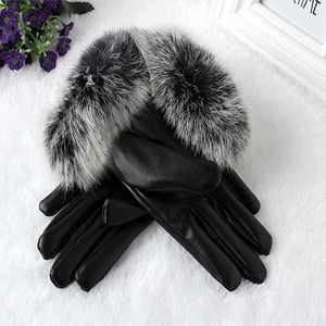 Vijf vingers handschoenen 1 paar winter vrouwen pu lederen suède fluweel touchscreen rijden wanten warme outdoor black fashion1