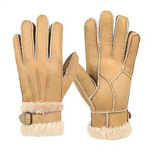 Guantes de cinco dedos 100% piel de oveja guantes de invierno para mujeres hombres piel de cachemira real guantes cálidos señoras dedo completo cuero genuino 231116