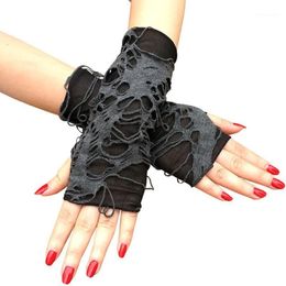 Gants à cinq doigts 1 paire de trous déchirés noirs sans doigts gothique punk Halloween Cosplay Party Dress Up accessoires bras de style shabby 288y