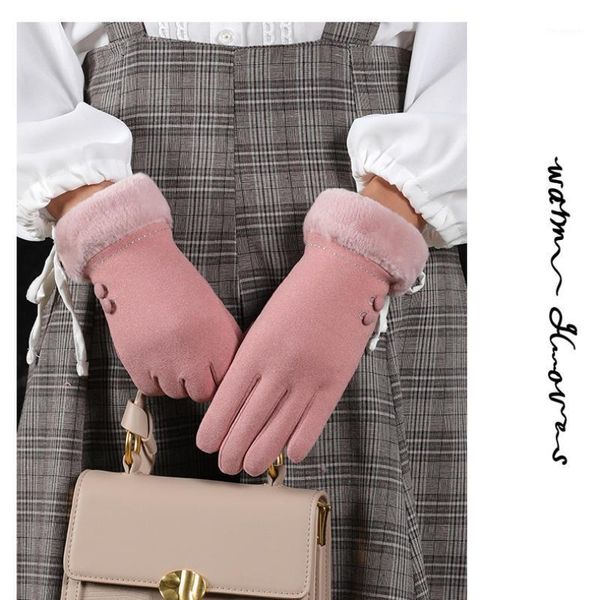 Guantes de cinco dedos 2021 invierno señora elegante dedo completo Simple Bowknot pantalla táctil mujeres moda cálida conducción doble capa